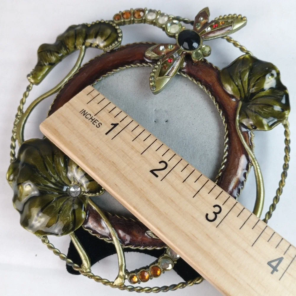 VTG Enameled Metal Jeweled Flowers Dragonflies Round Picture Photo Frame Boho